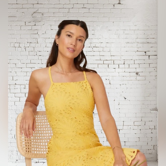 Andie Eyelet Halter Dress Medium NWT Pineapple Yellow Midi Length Boutique - Picture 3 of 3
